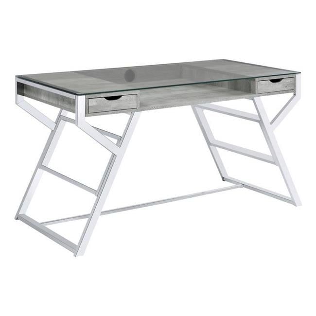 Gray Glass Top Writing Desk with Chrome Frame and Drawers