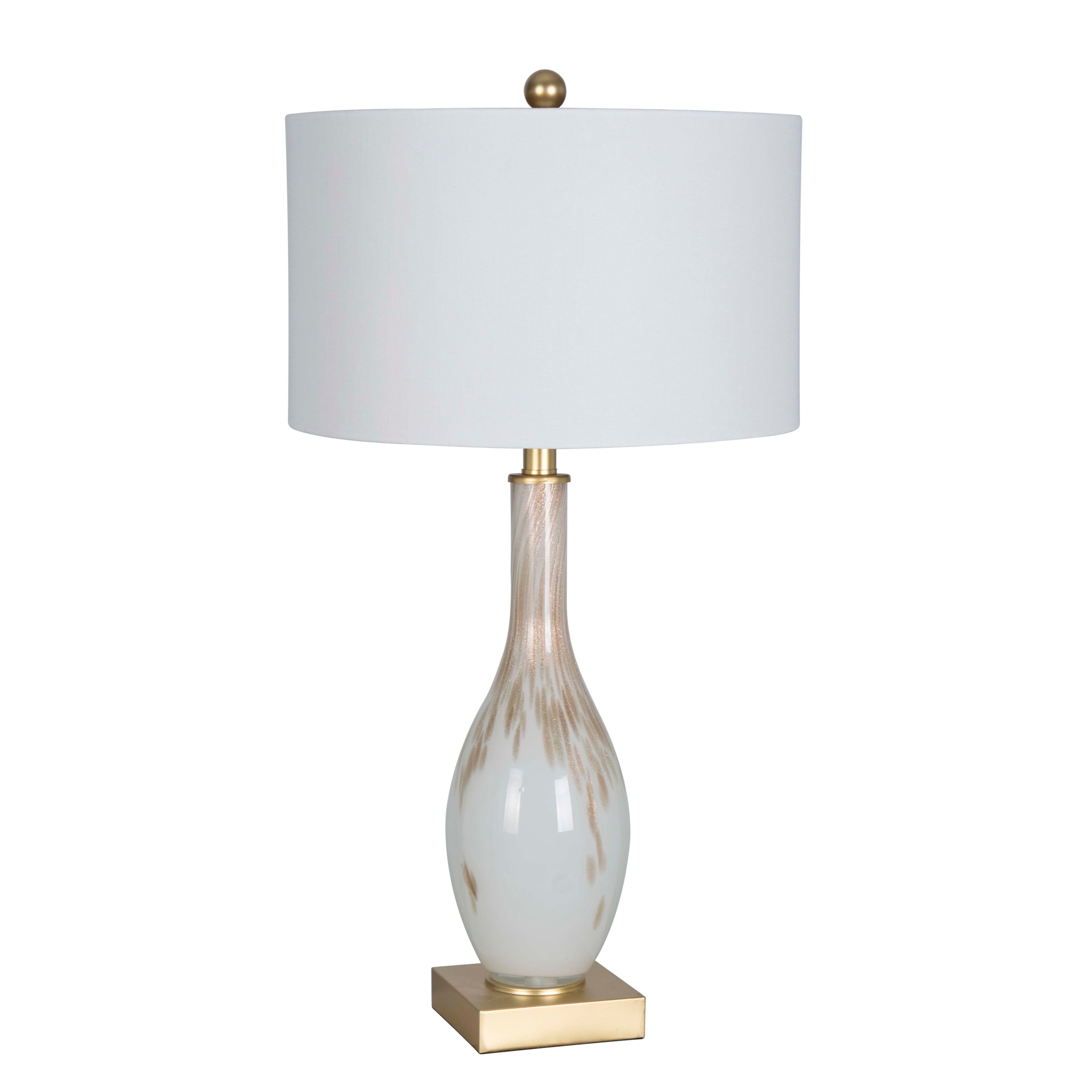 28" White and Gold Glass USB Table Lamp Set with Linen Shades