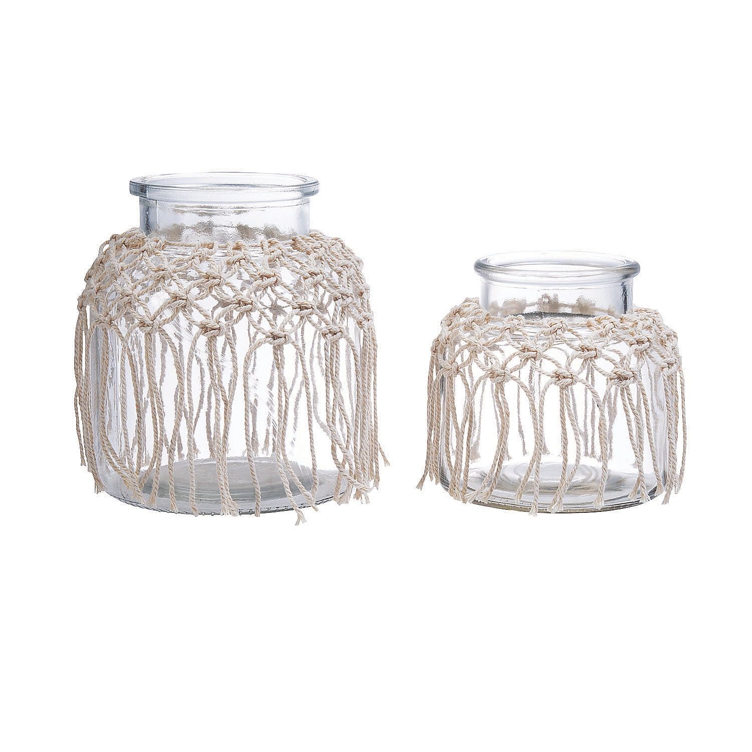 Bohemian Clear Glass Vase Set with Macramé Trim