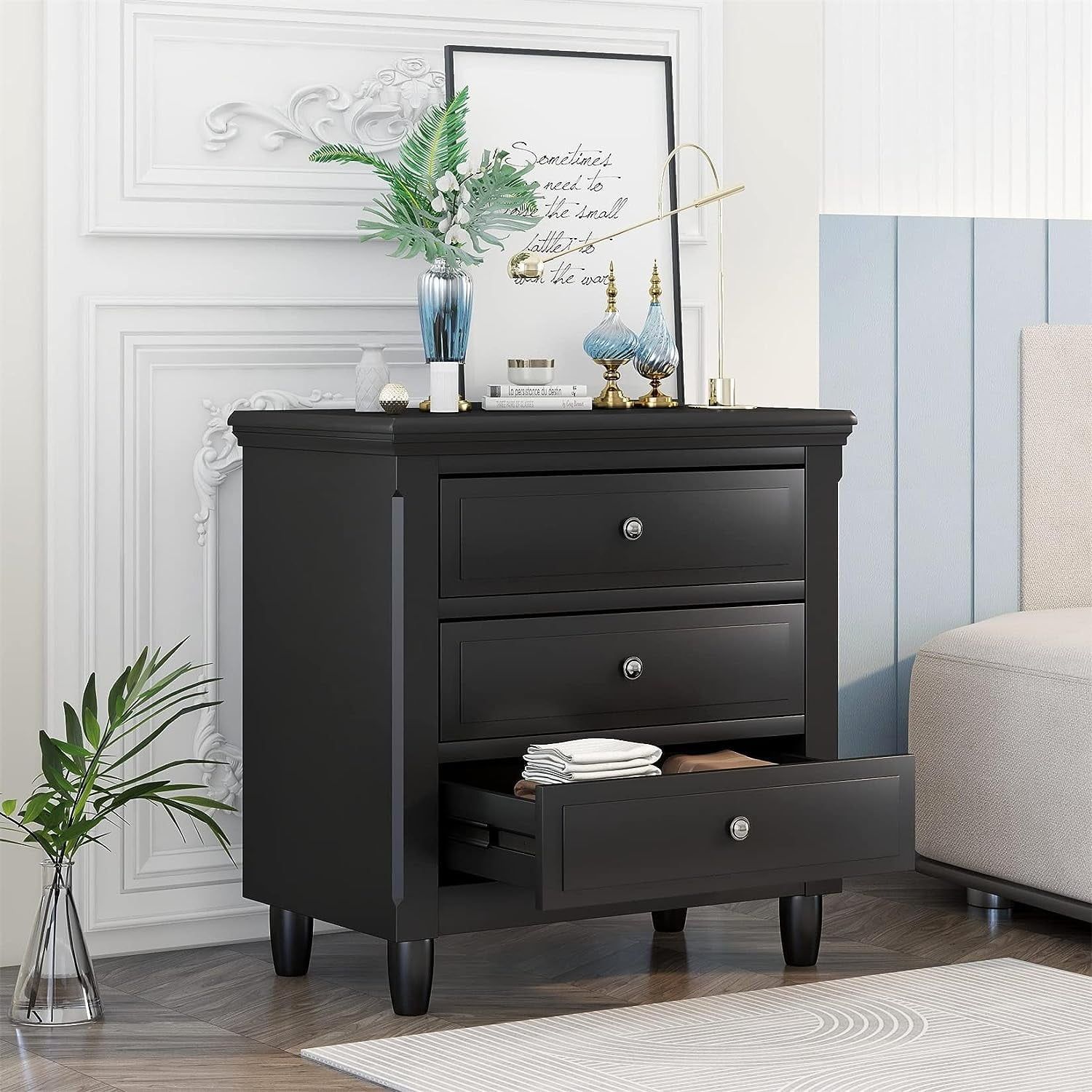 Modern Black 3-Drawer Solid Wood Nightstand with Nickel Knobs