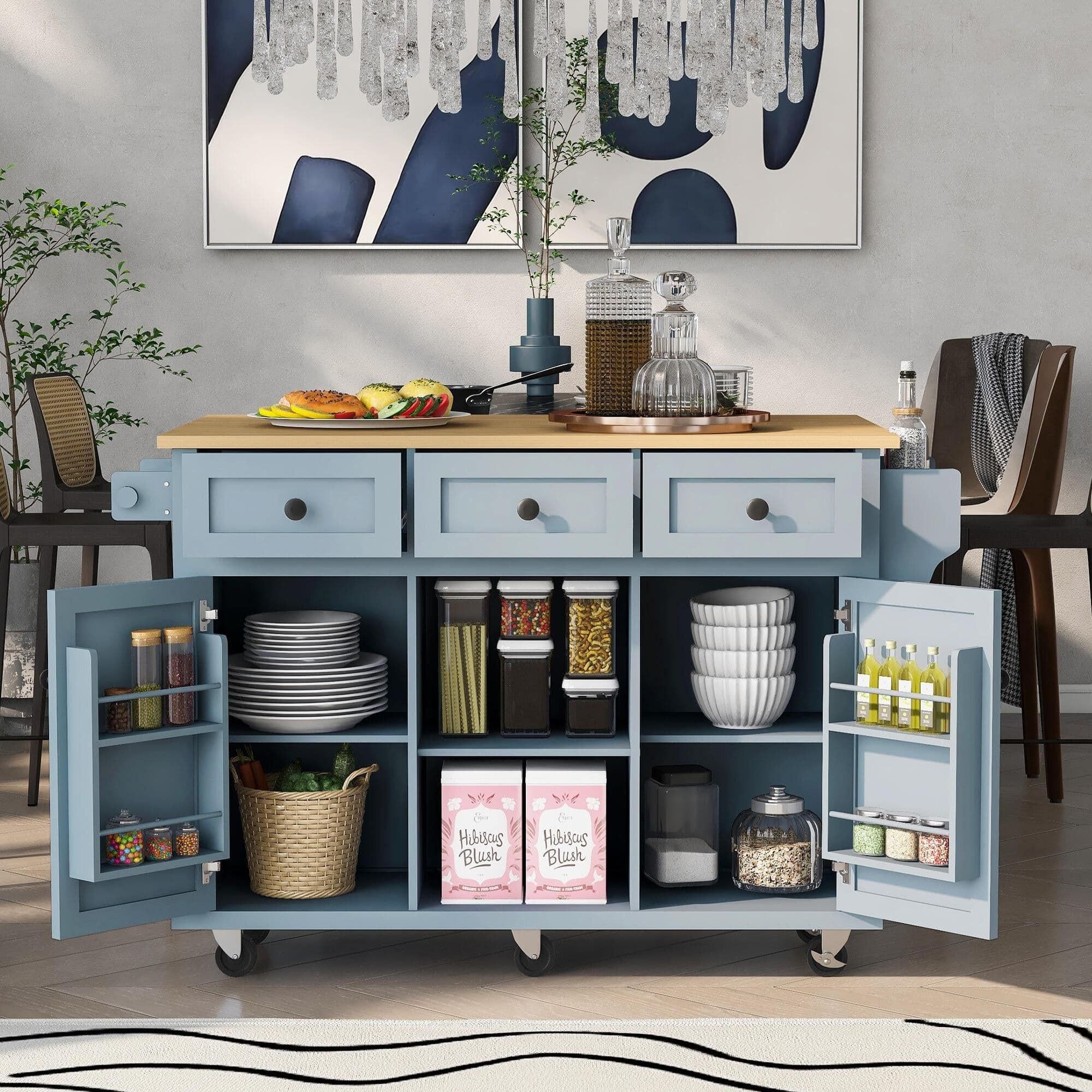 Blue Wood Drop-Leaf Kitchen Cart with Storage and Spice Rack