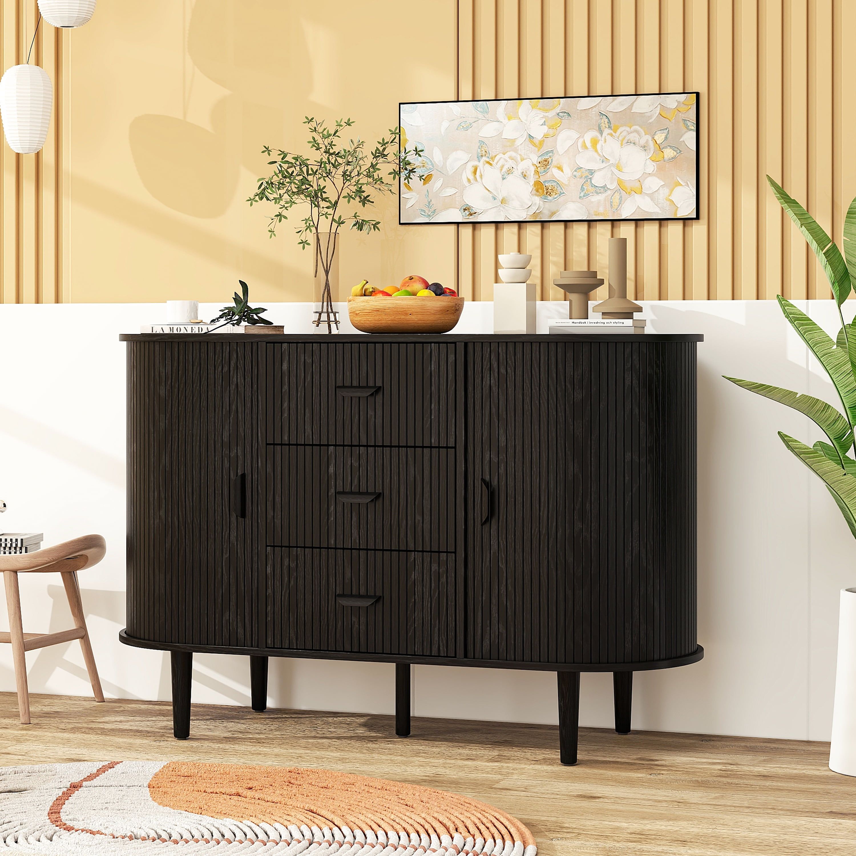 Black Fluted Sideboard with Sliding Doors and Drawers