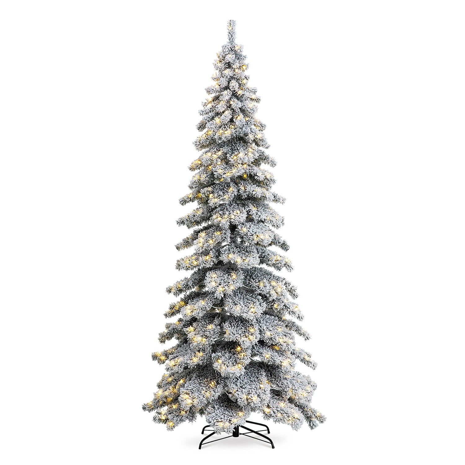 9ft Narrow Flocked Spruce Christmas Tree with Warm White Lights