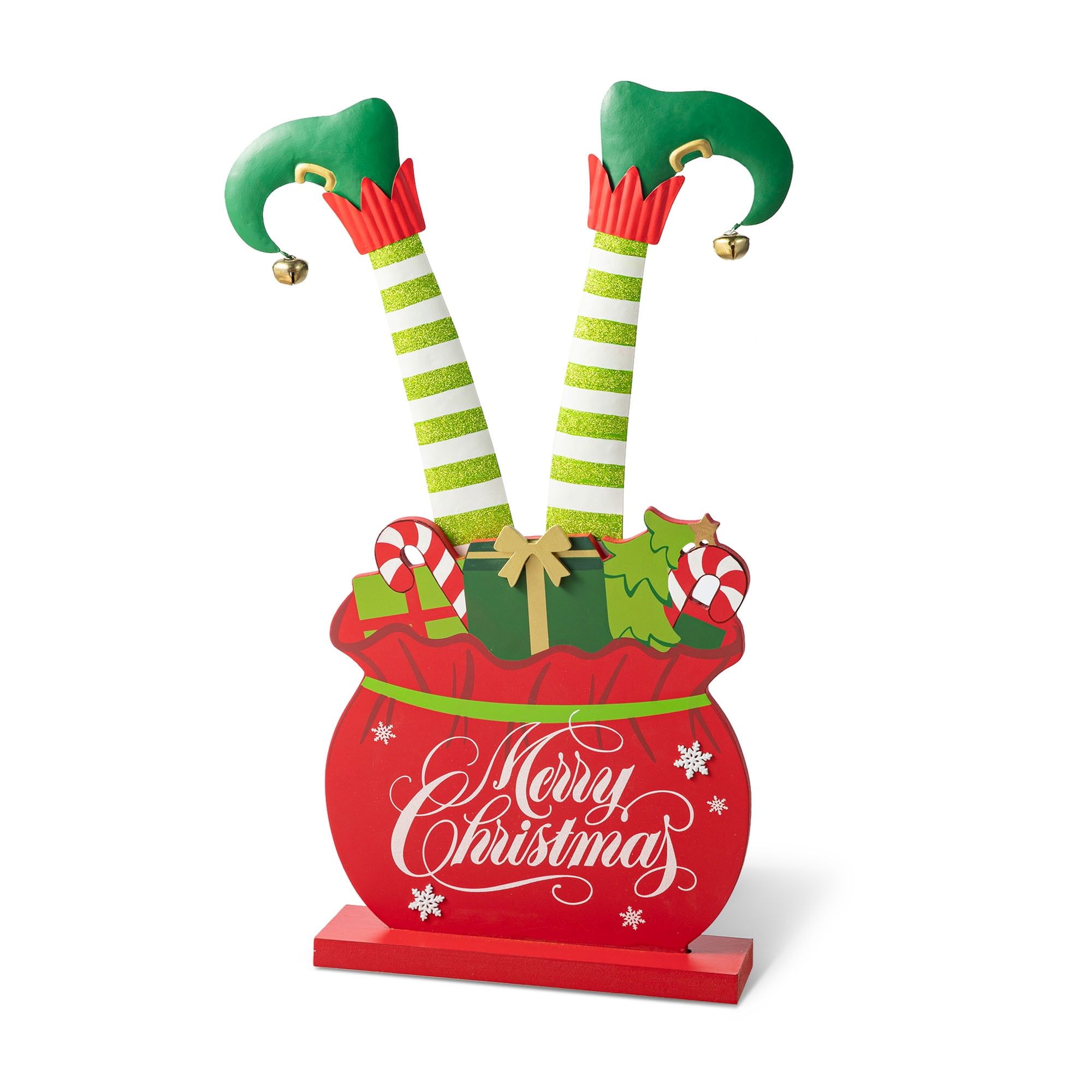 Christmas Elf Legs in Gift Box Wooden and Metal Porch Decor