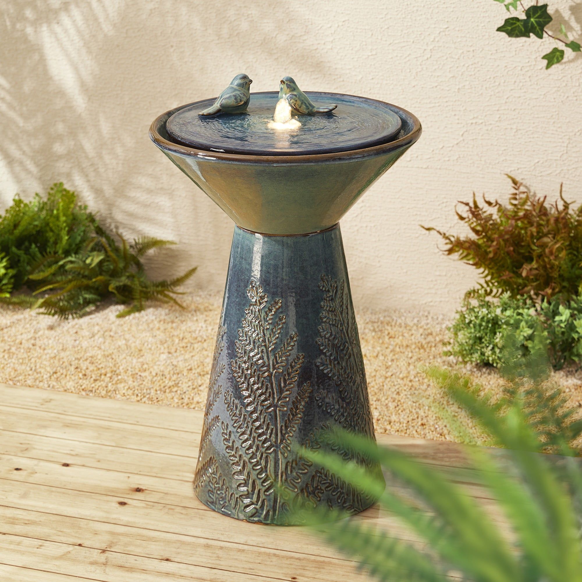 Turquoise Ceramic Pedestal Fountain with Birds and LED Light