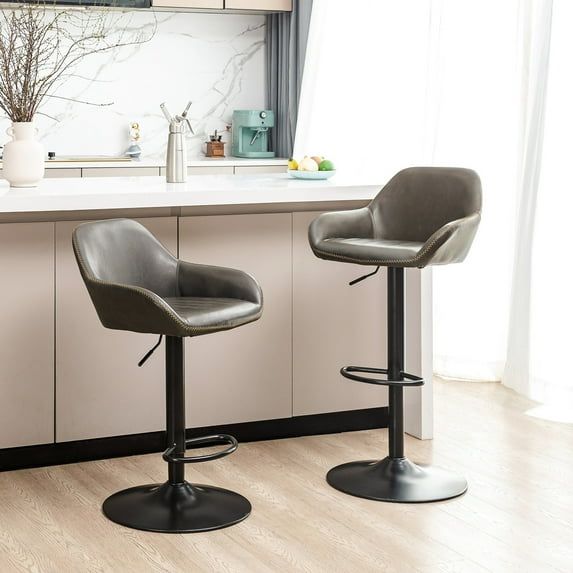 Adjustable Gray Leatherette Swivel Bar Stool with Metal Base