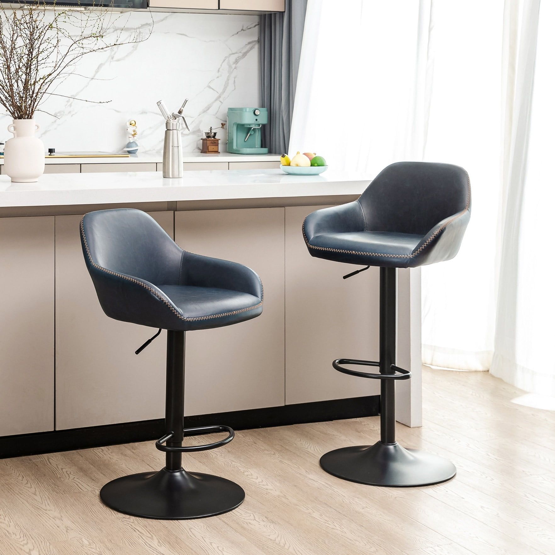 Navy Blue Faux Leather Adjustable Swivel Bar Stool Set