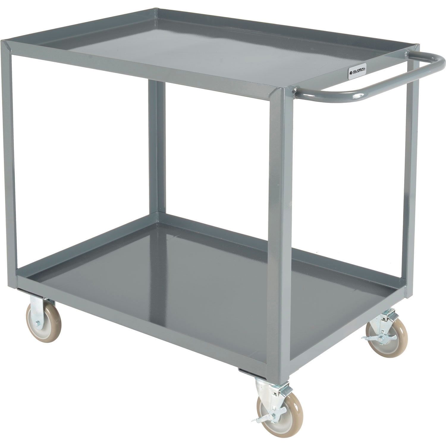 Gray Steel Utility Cart with 2 Tray Shelves and Polyurethane Wheels