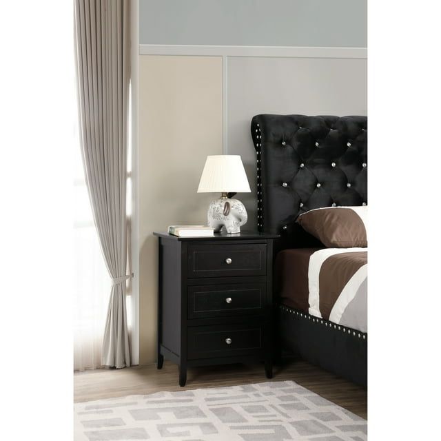 Black Wood 3-Drawer Nightstand with Nickel Hardware