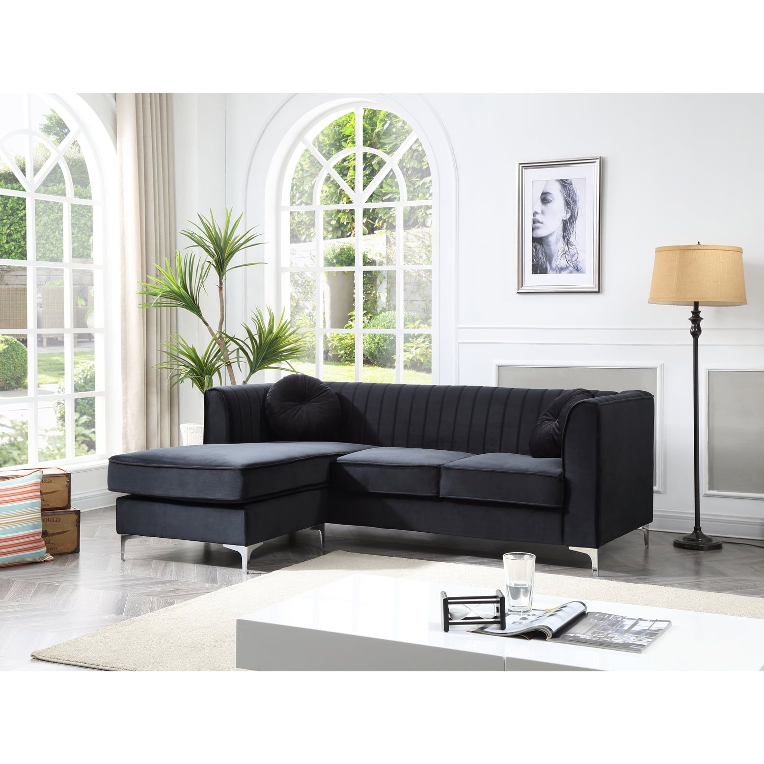 87" Black Velvet Two-Piece Tuxedo Arm Sofa with Chrome Legs