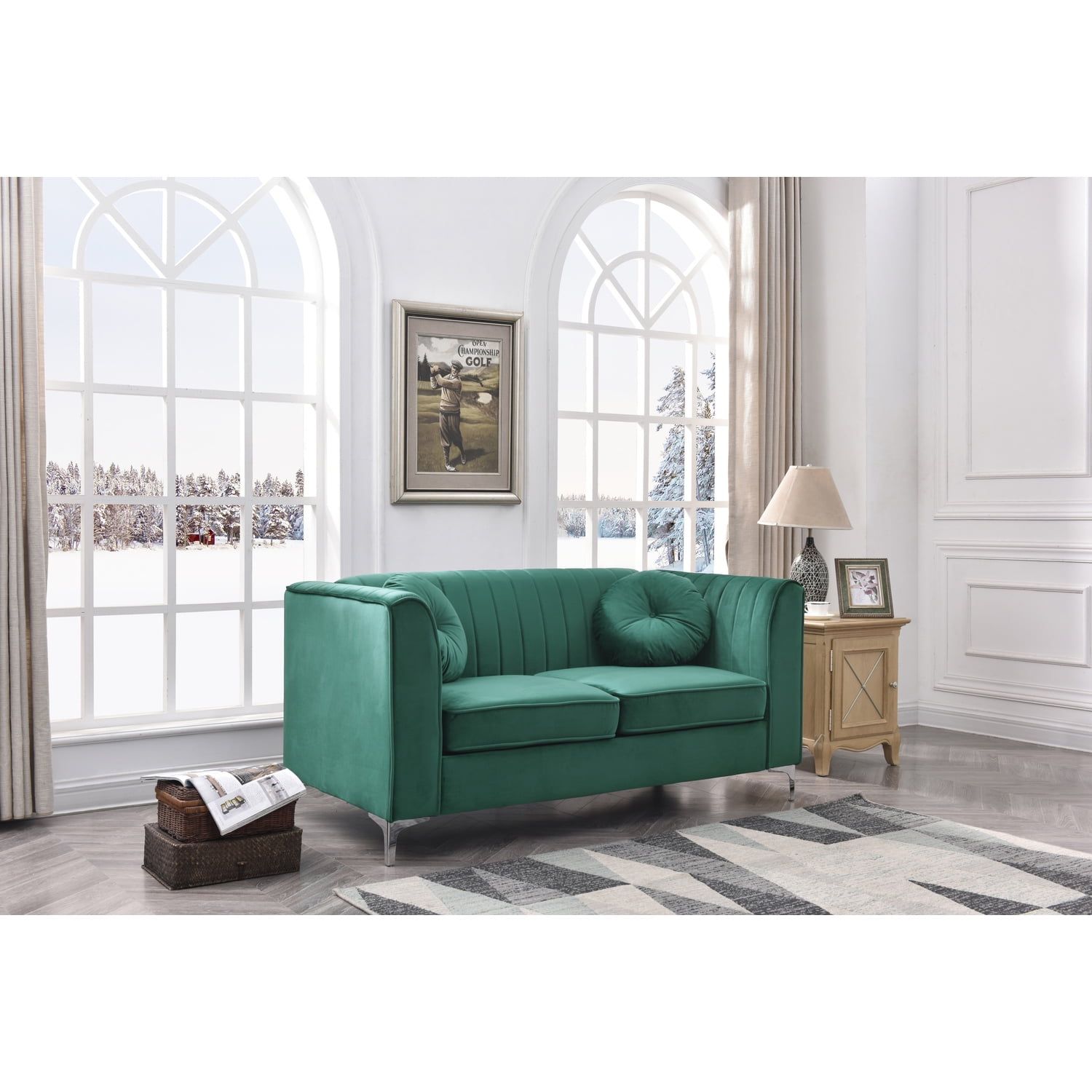 Green Velvet Tufted Loveseat with Nailhead Trim