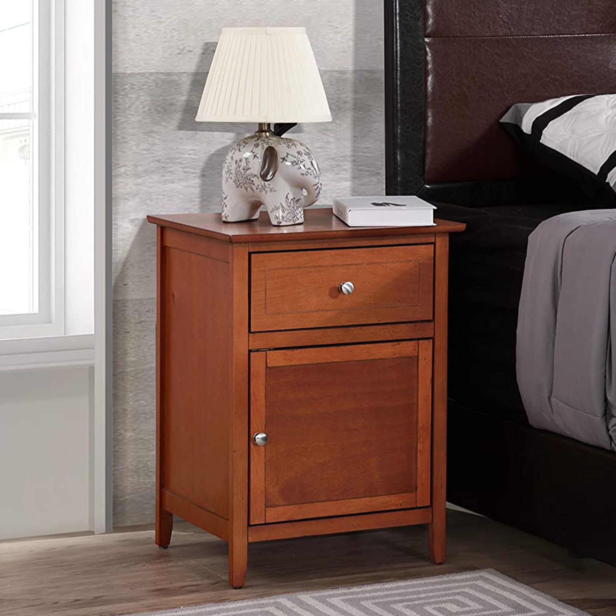 Elegant Oak and Nickel Transitional Nightstand with 1 Drawer