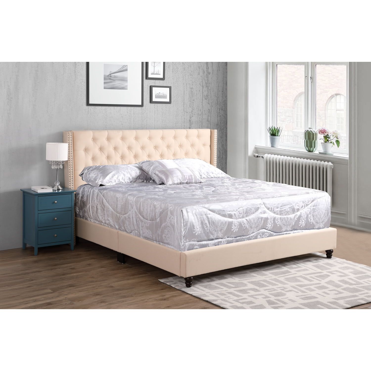 King Beige Faux Leather Upholstered Bed with Tufted Headboard