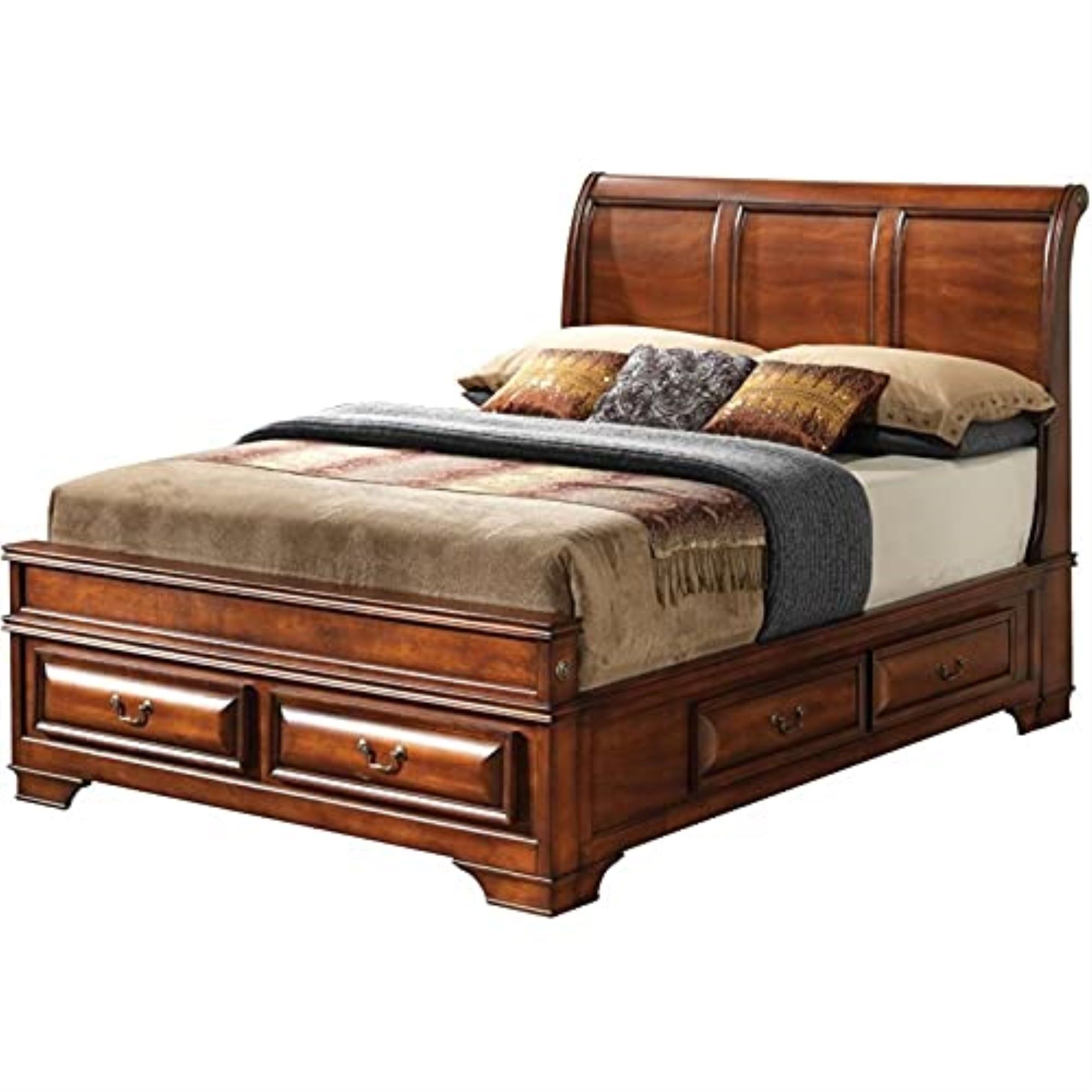 Oak Full Platform Bed with Storage and Tufted Upholstery