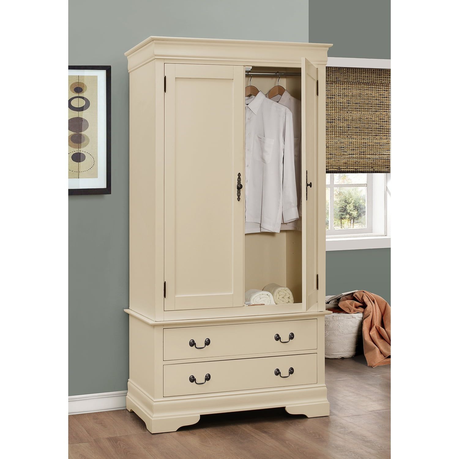 Beige Transitional Wood Armoire with Drawers and Hanging Rod