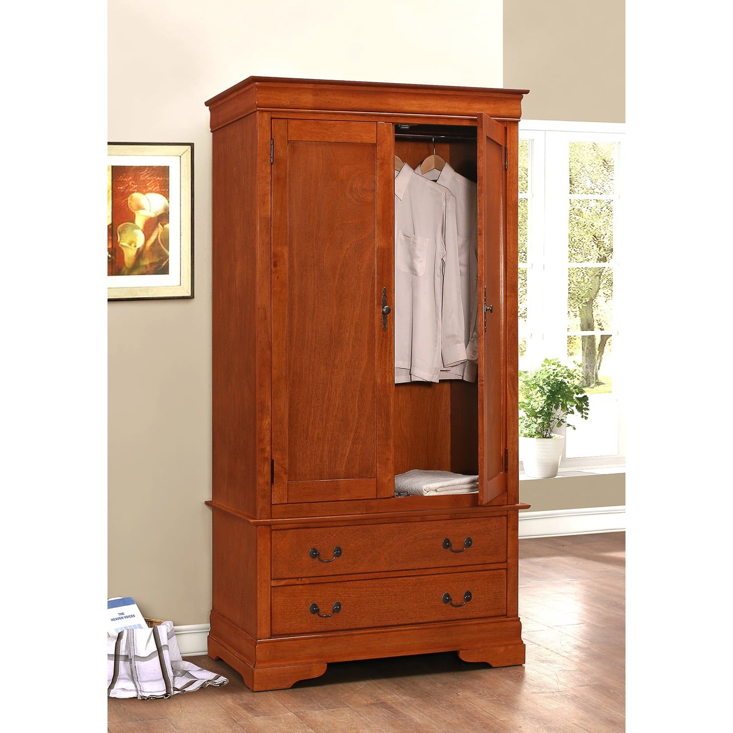 Oak Transitional Wood Armoire with Hanging Rod and Drawers