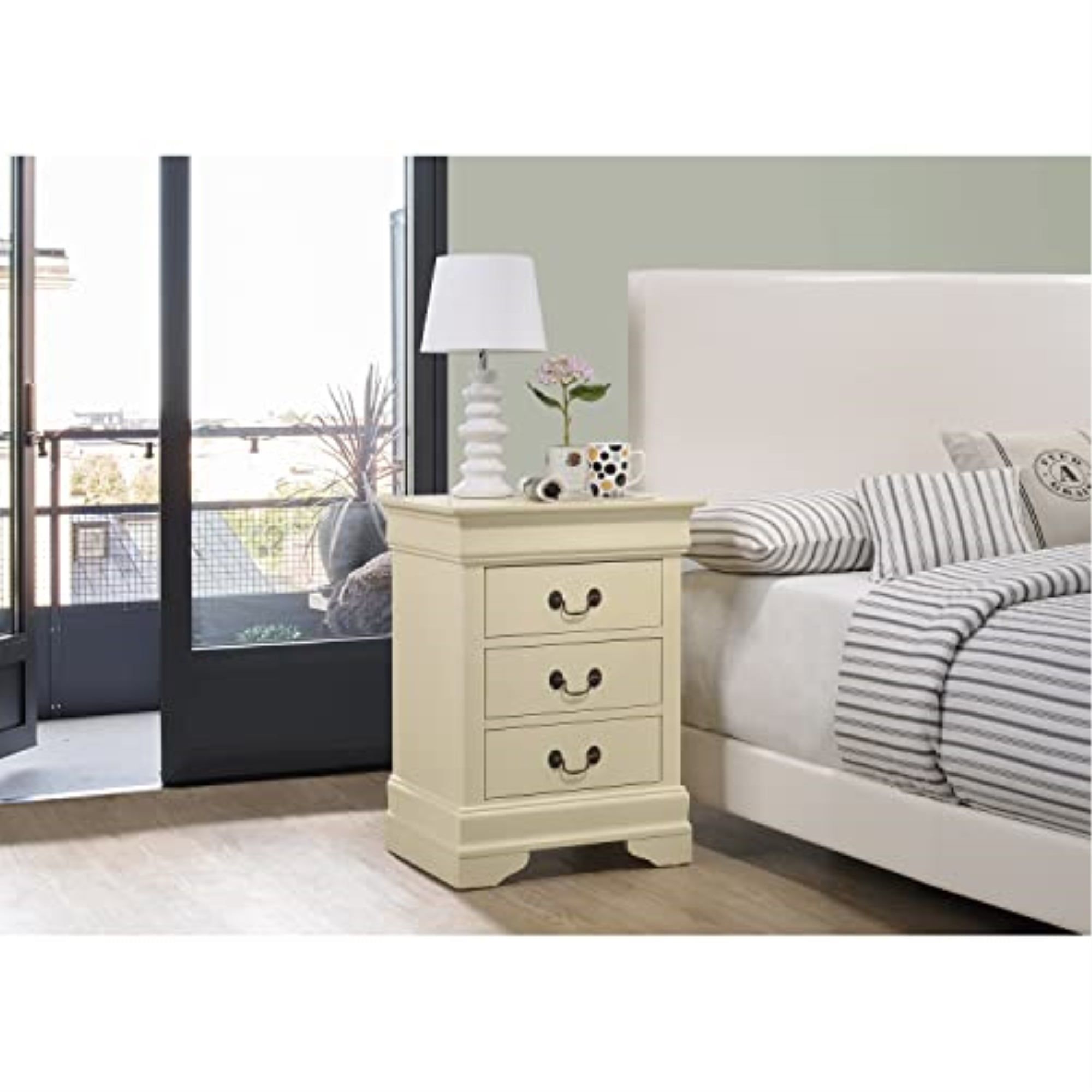 Beige 3-Drawer Solid Wood Nightstand with Veneer Finish