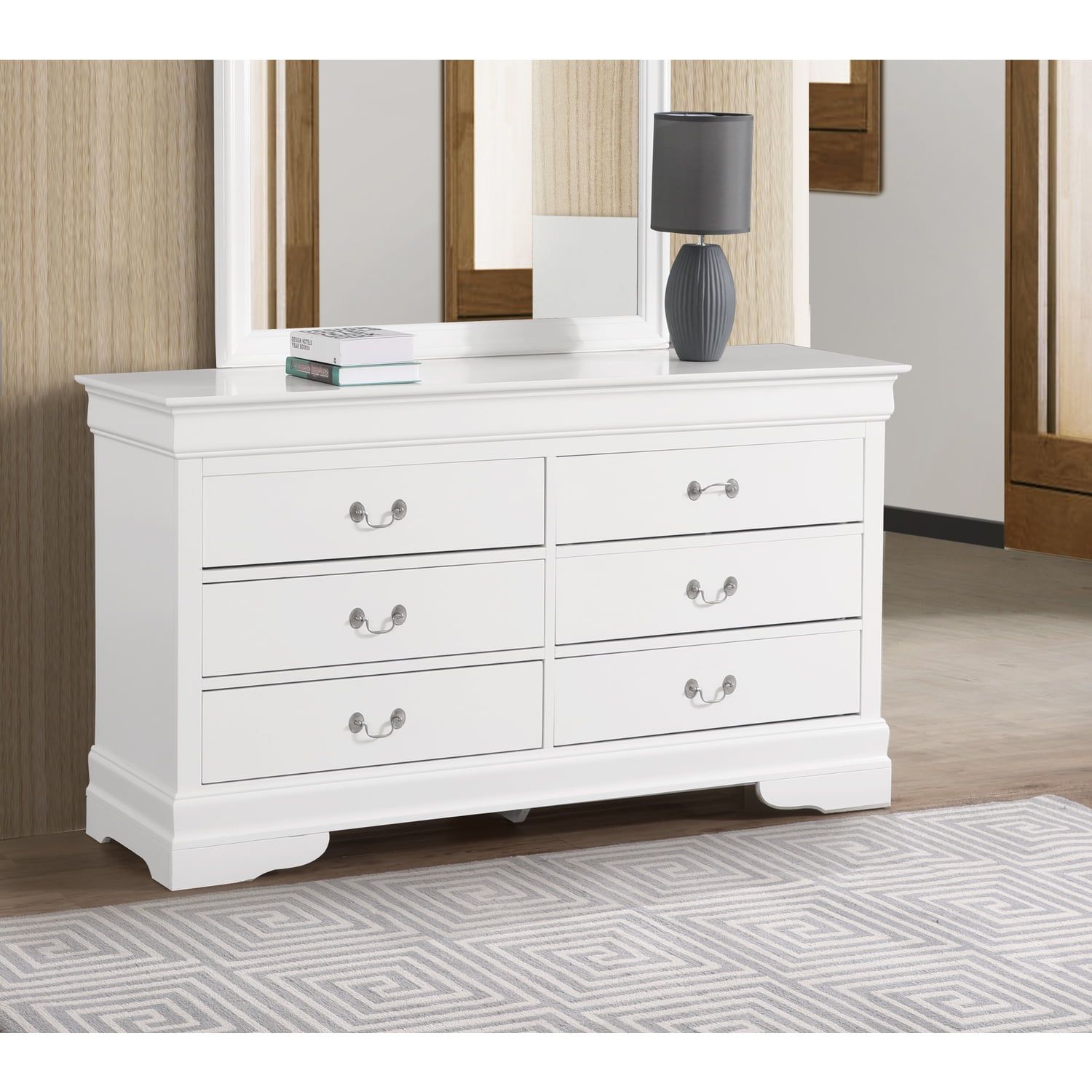 White Double Dresser with Dovetail Drawers and Carved Base