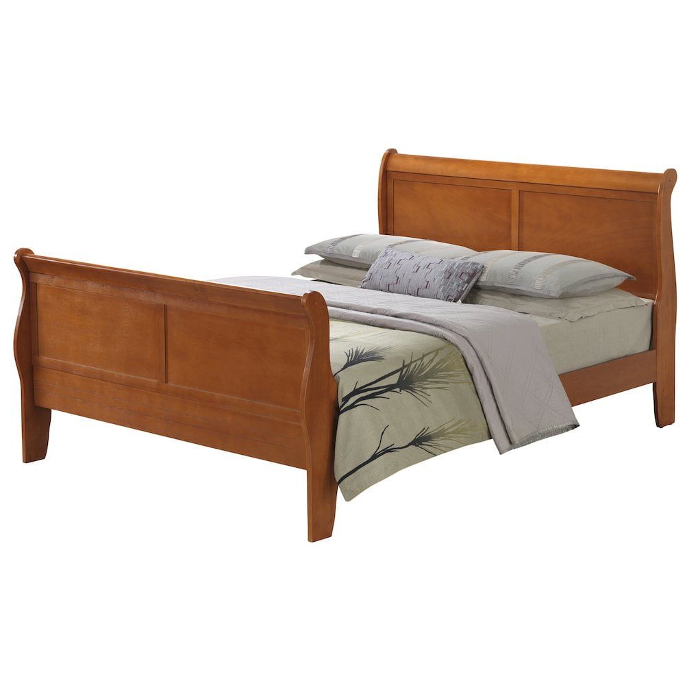 Oak Full Sleigh Bed with Wood Headboard and Drawer