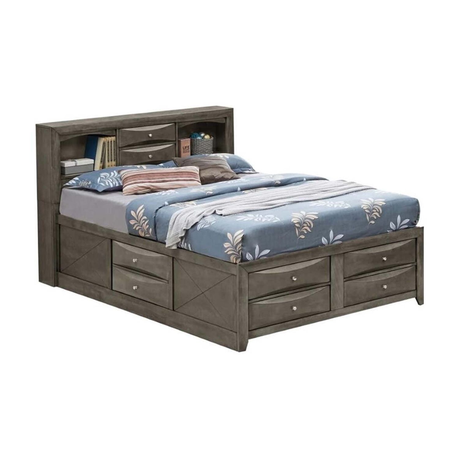 Marilla Gray King-Sized Bookcase Storage Platform Bed