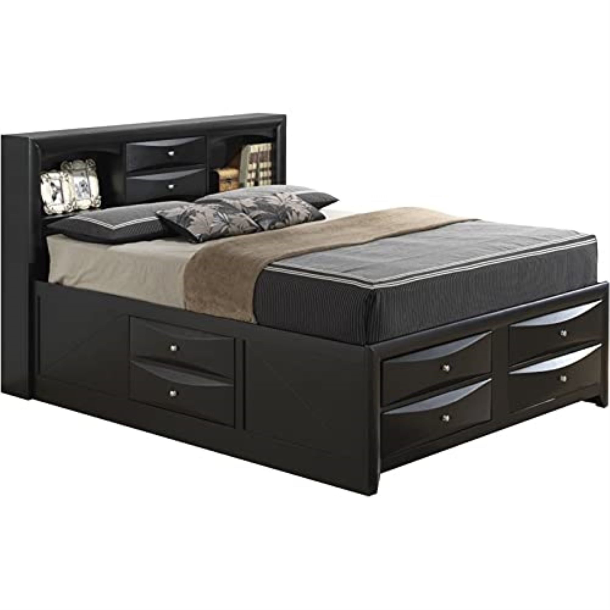 King Black Wood Frame Storage Bed with Drawers and Headboard