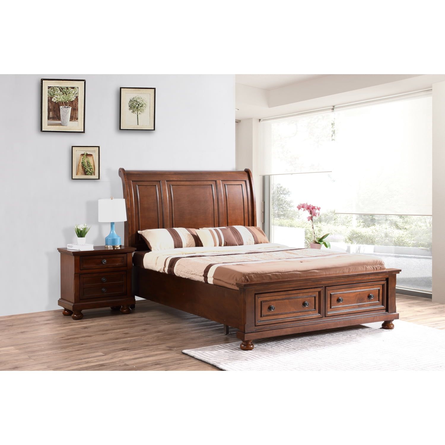 Cherry Wood Queen Platform Bed with Storage Drawers