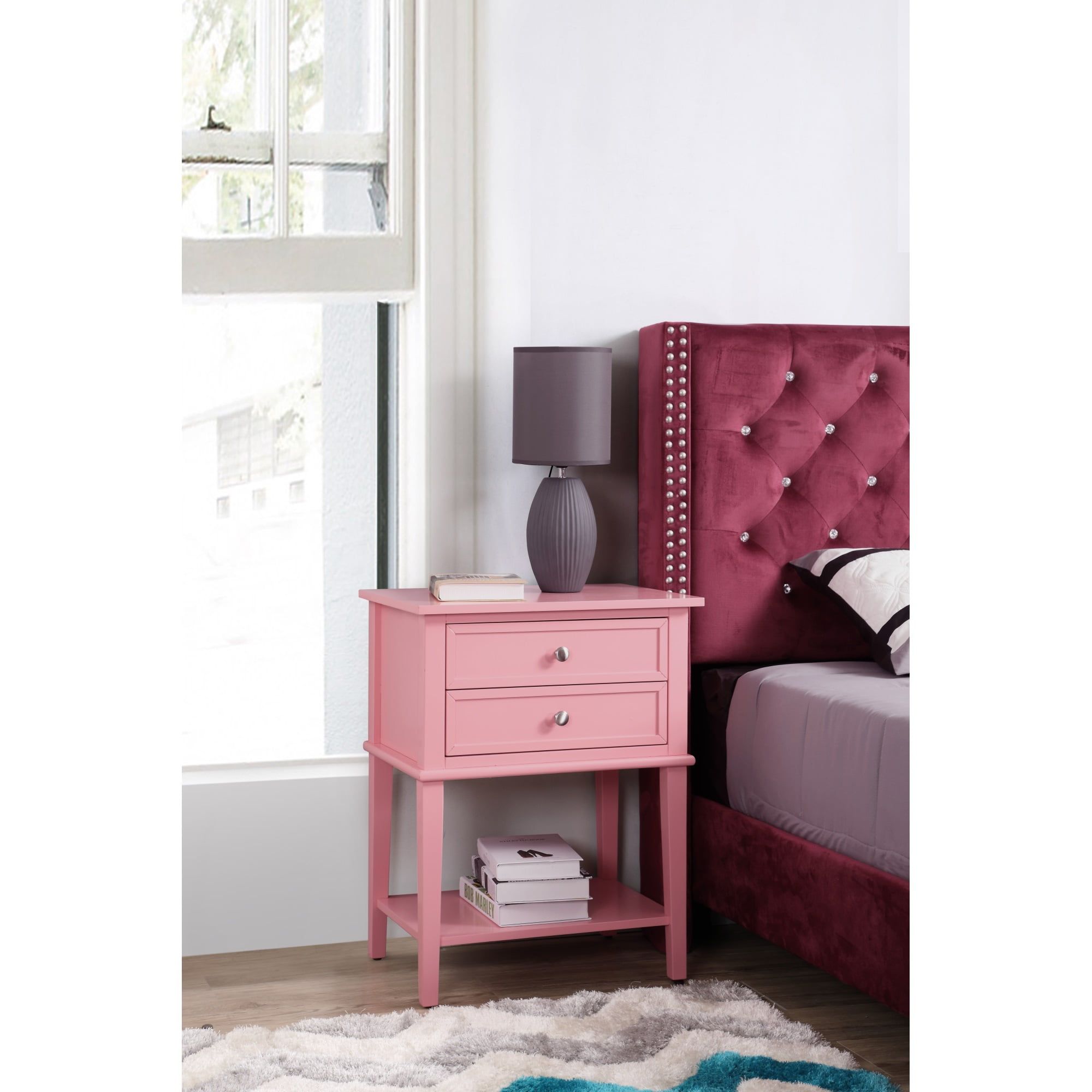 Pink 2-Drawer Nightstand with Open Shelf and Nickel Pulls