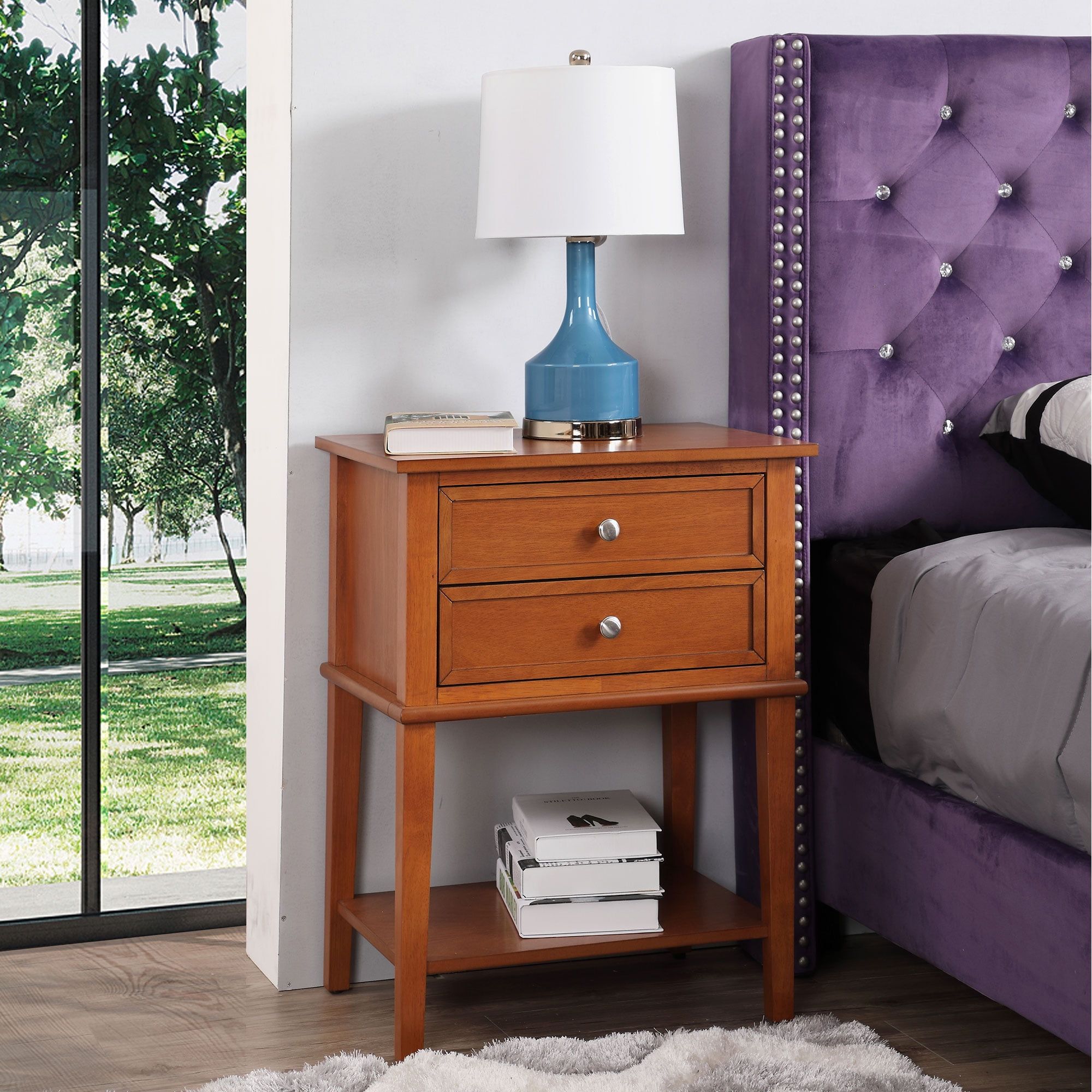 Contemporary Oak Wood 2-Drawer Nightstand with Nickel Hardware