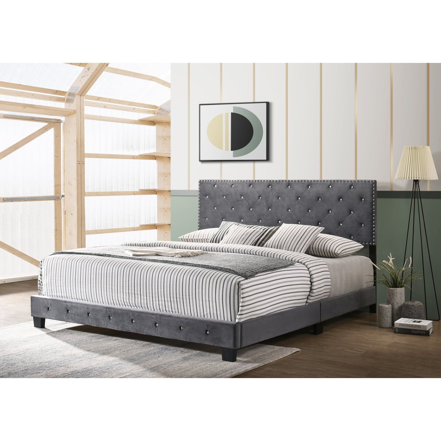 Transitional King Velvet Upholstered Bed with Nailhead Trim