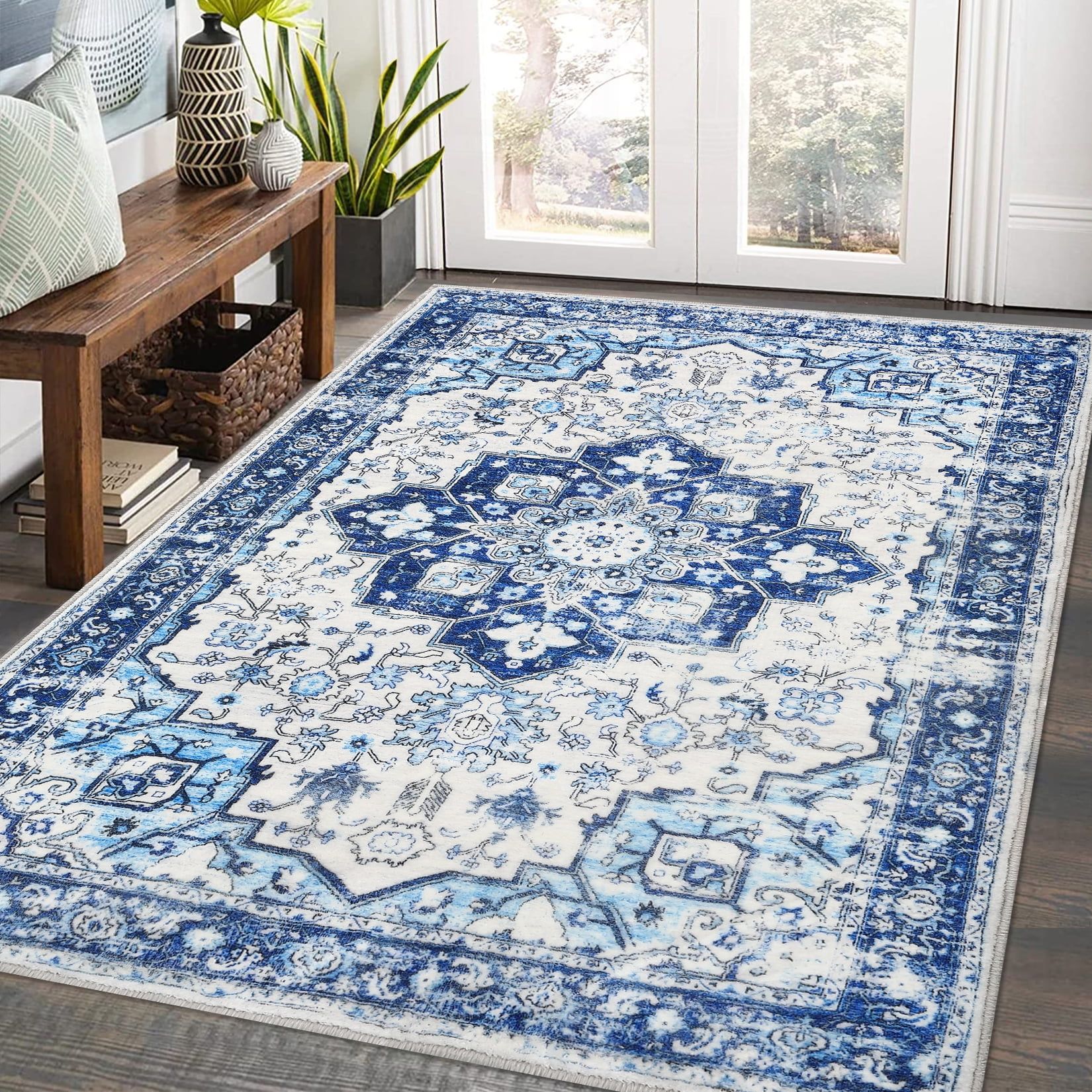 Blue Floral Synthetic 8' x 10' Washable Area Rug