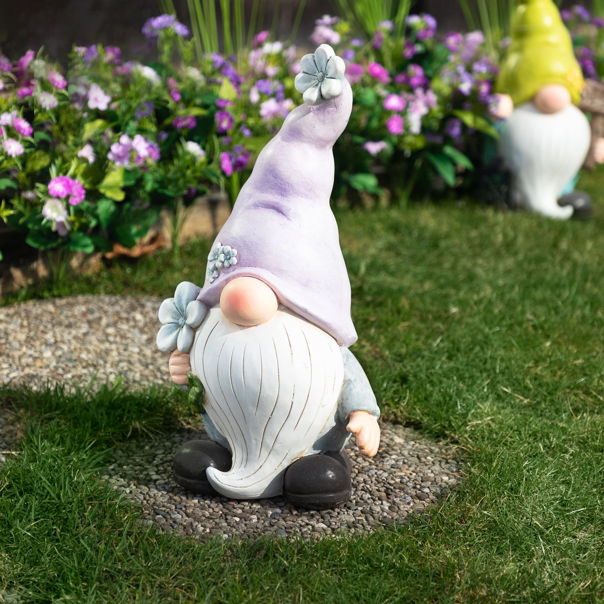 18" Ceramic Gnome with Purple Hat and Flowers