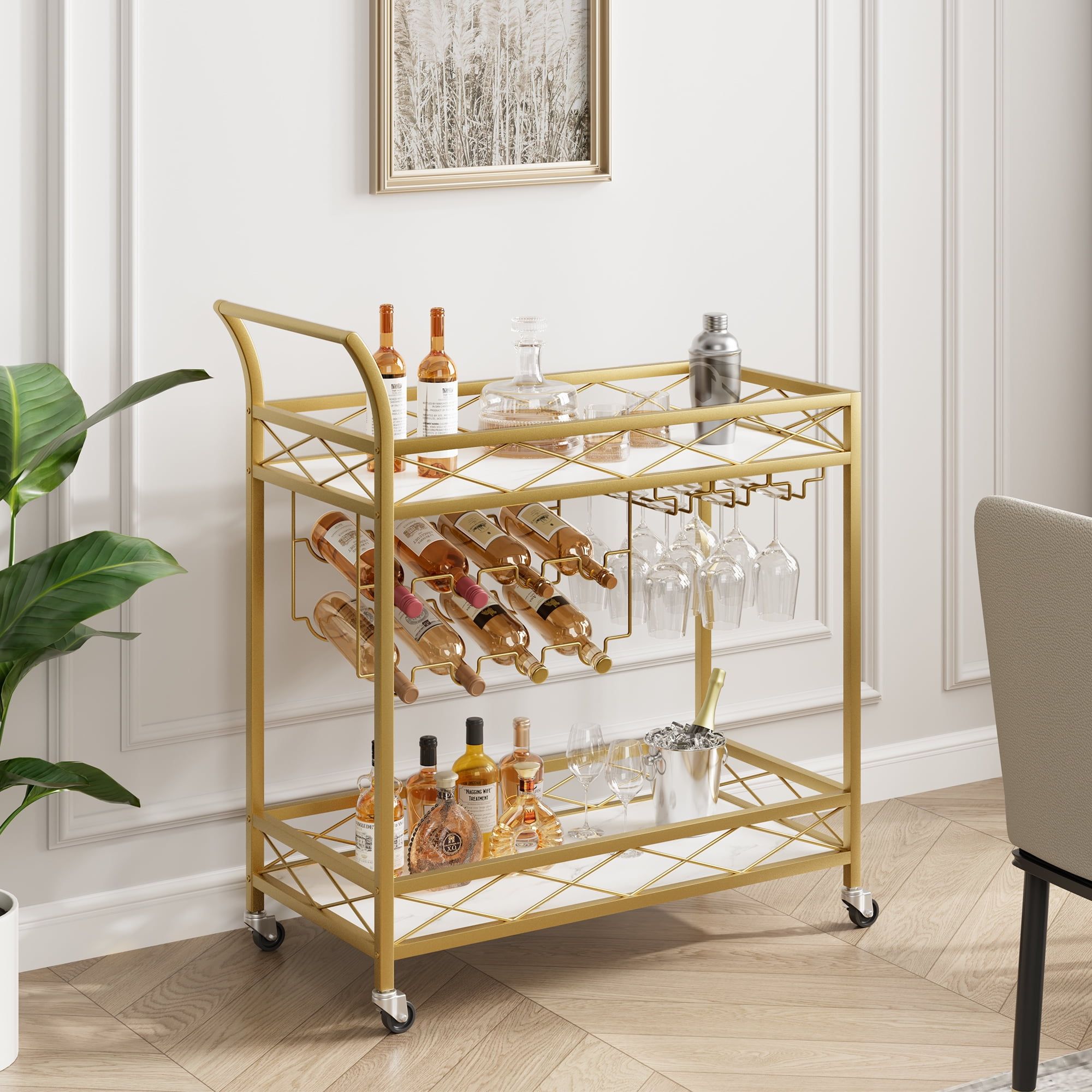 Gold and White Marble 2-Tier Bar Cart with Wine Rack