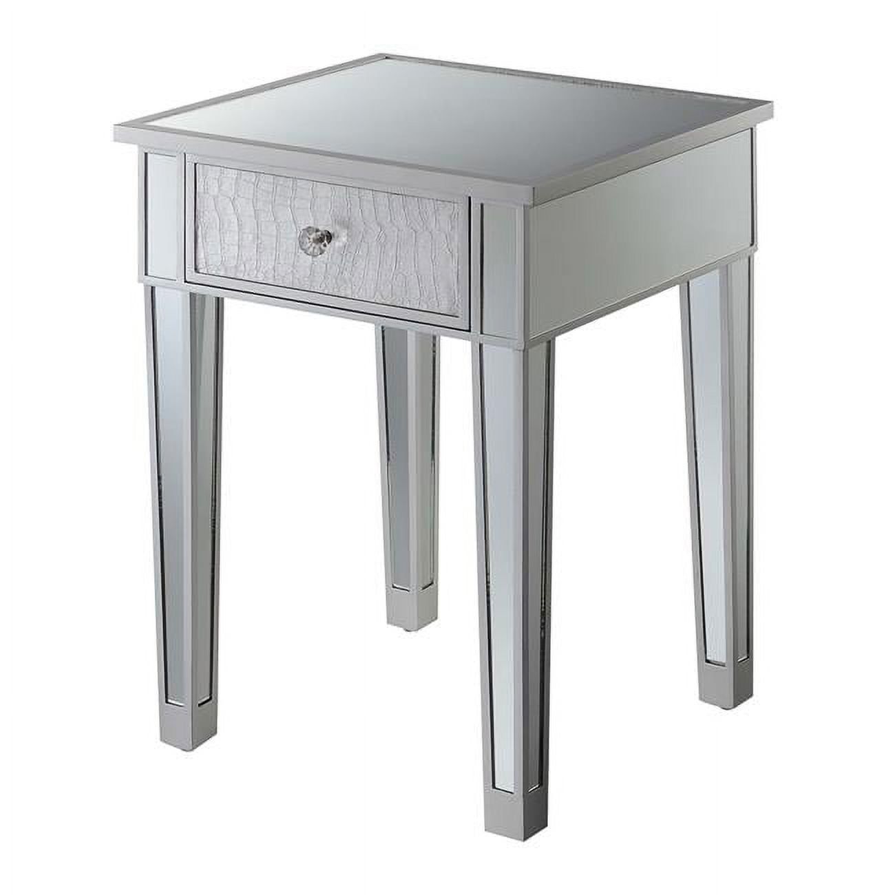 Silver Mirrored Glass and Gray Wood End Table with Drawer