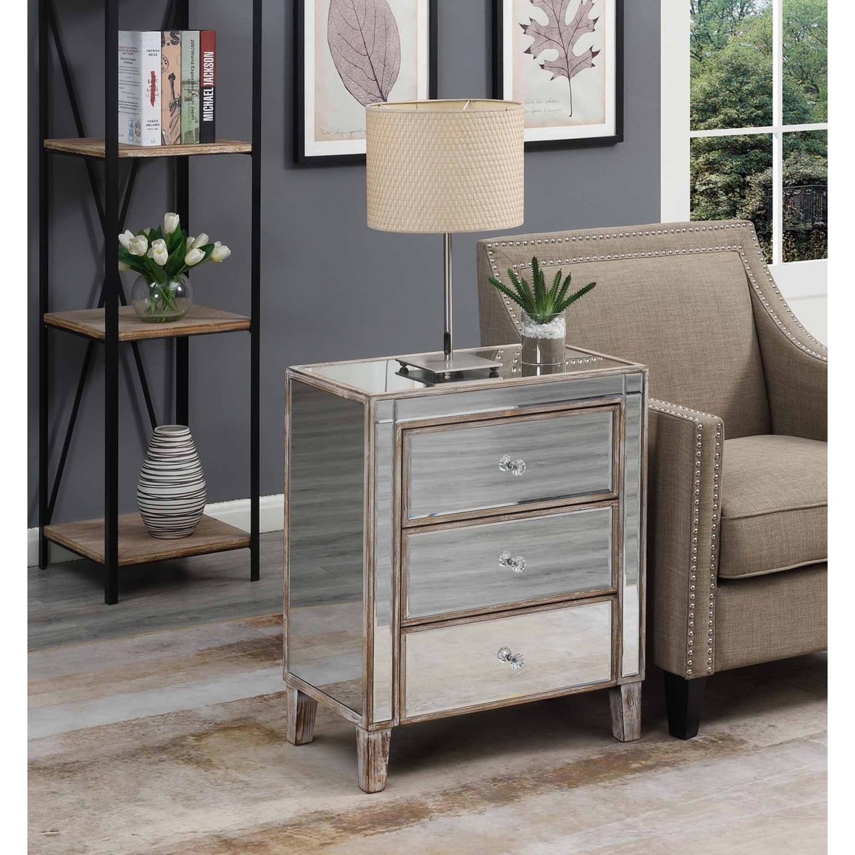 Weathered White Mirrored Wood End Table with Storage