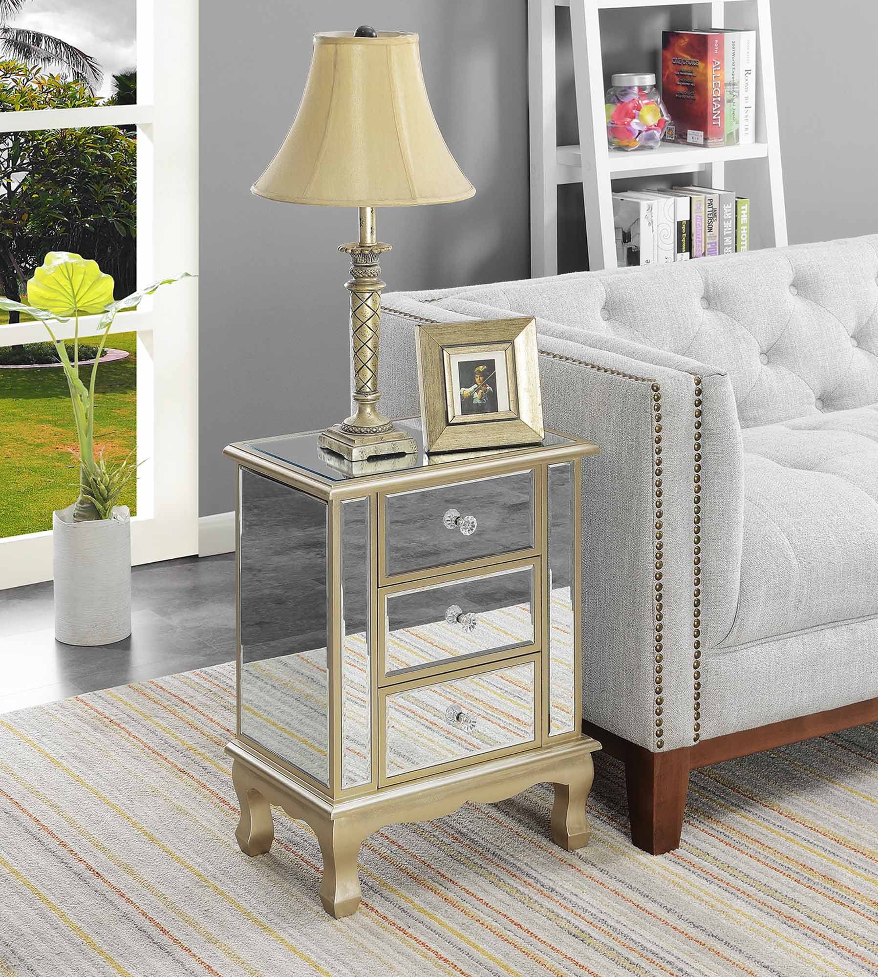 Gold Coast White Wood Mirrored Glass 3-Drawer End Table