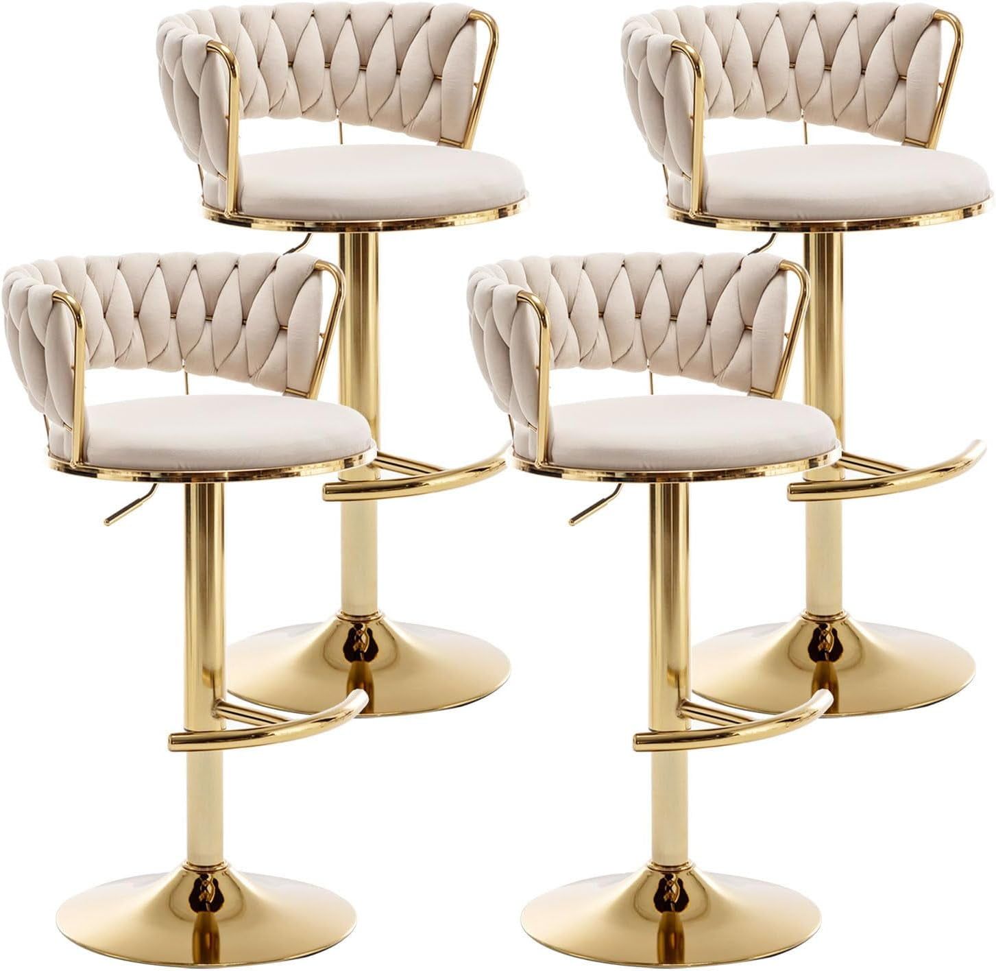 Beige Velvet Adjustable Swivel Bar Stools with Gold Base, Set of 4