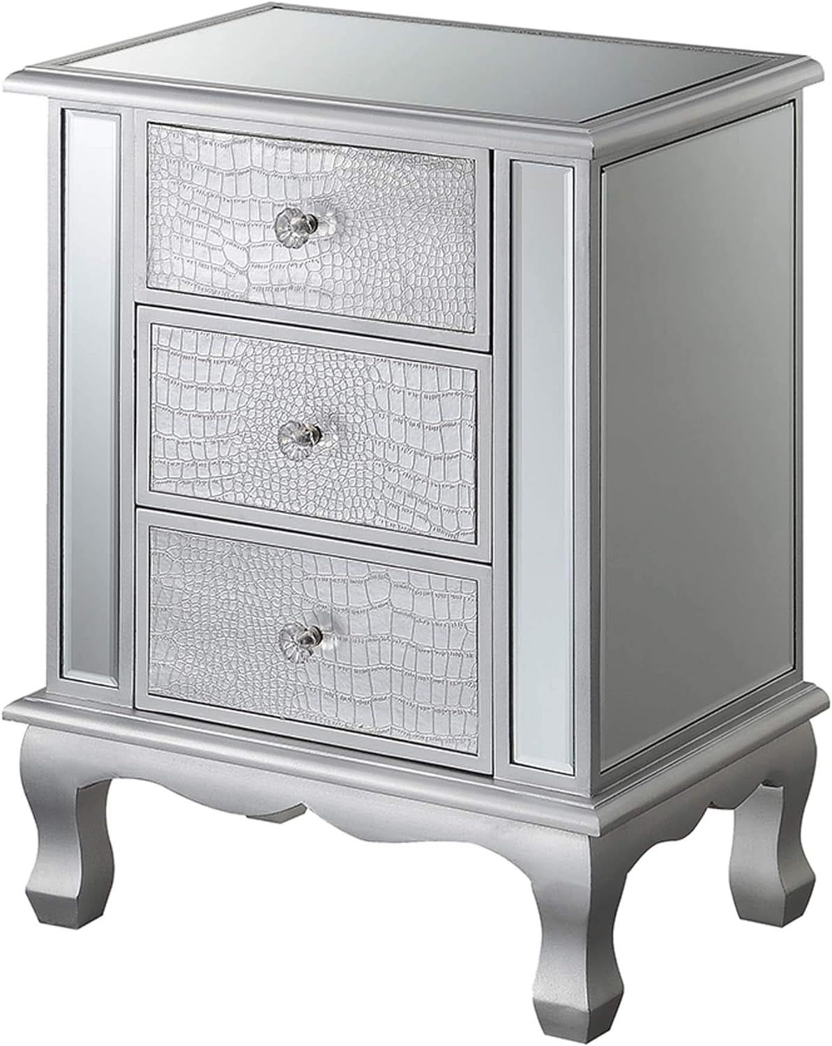 Silver Mirrored Glass 3-Drawer End Table with Storage