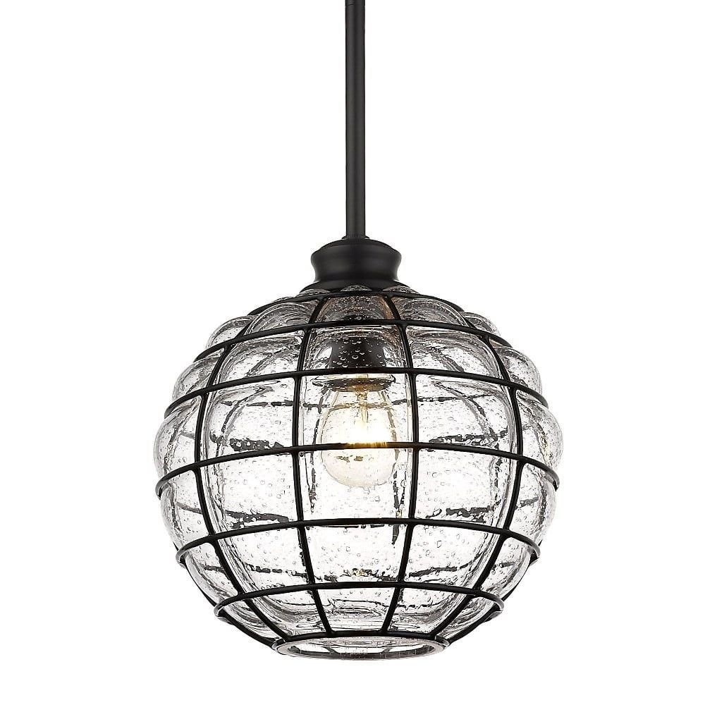 Elongated Sphere Matte Black Pendant with Seeded Glass Shade