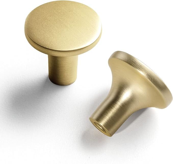 Brushed Brass Modern Cabinet Knobs with Mounting Hardware, 1.1-inch Diameter, 6-Pack