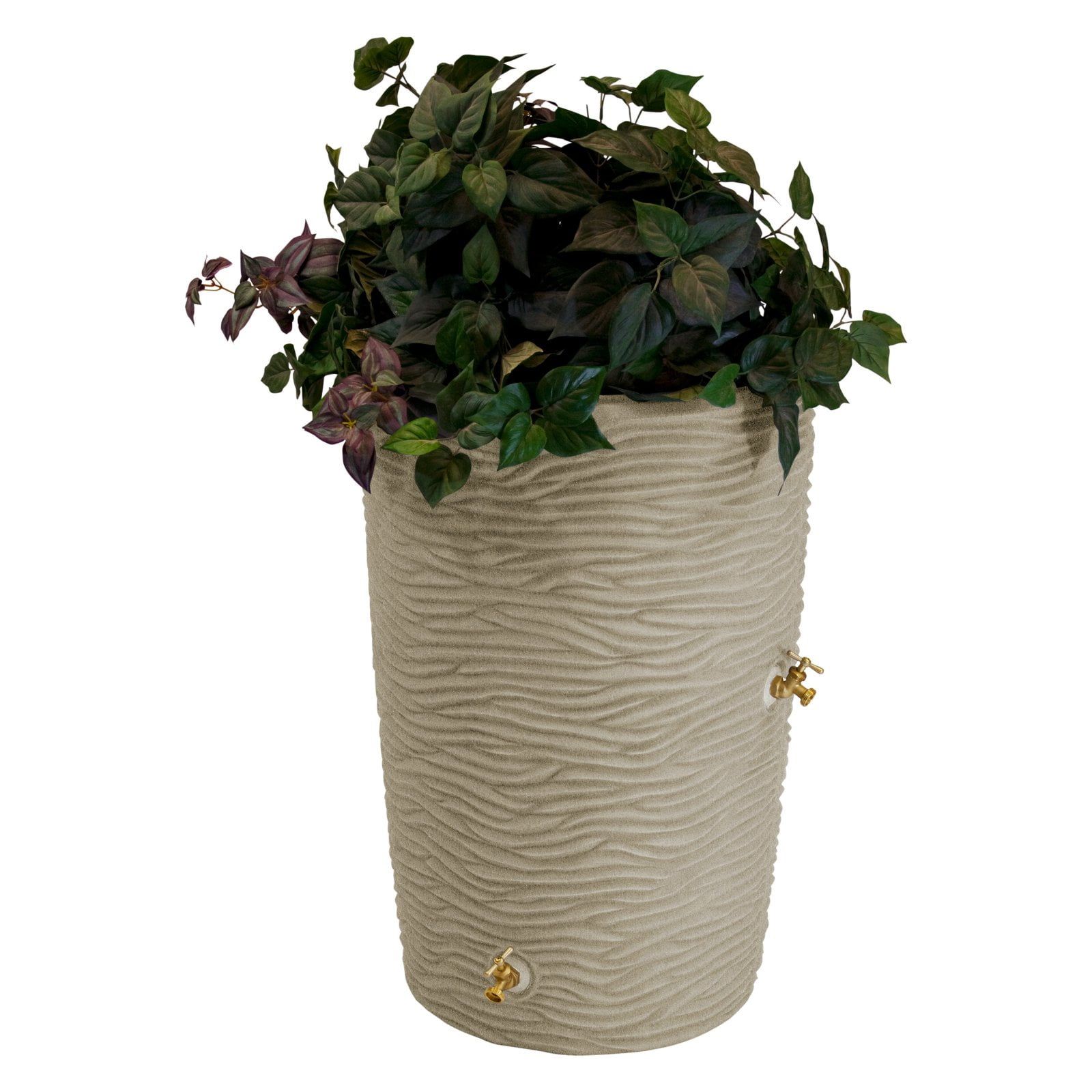 Sandstone 50-Gallon Palm Texture Rain Barrel with Brass Spigots