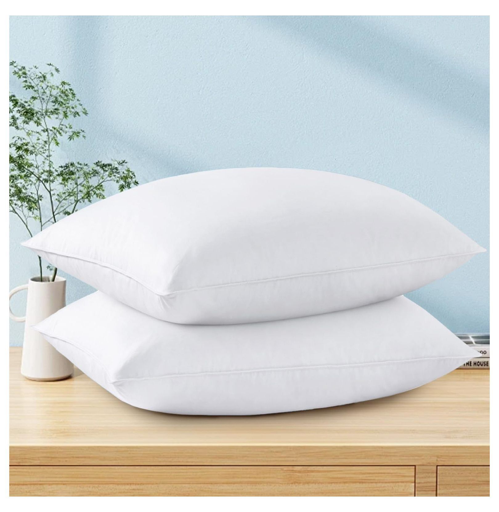 Standard White Goose Feather Down Pillows with Cotton Cover, Set of 2