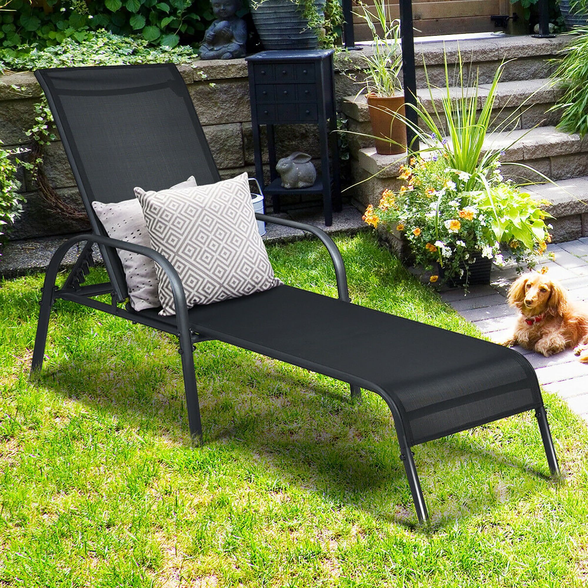 Black Adjustable Steel Frame Outdoor Chaise Lounge