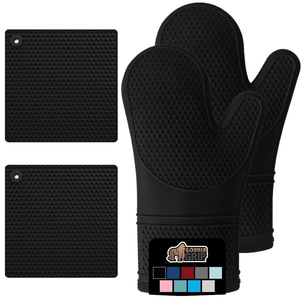 Black Silicone Oven Mitts and Trivets Set with Cotton Lining