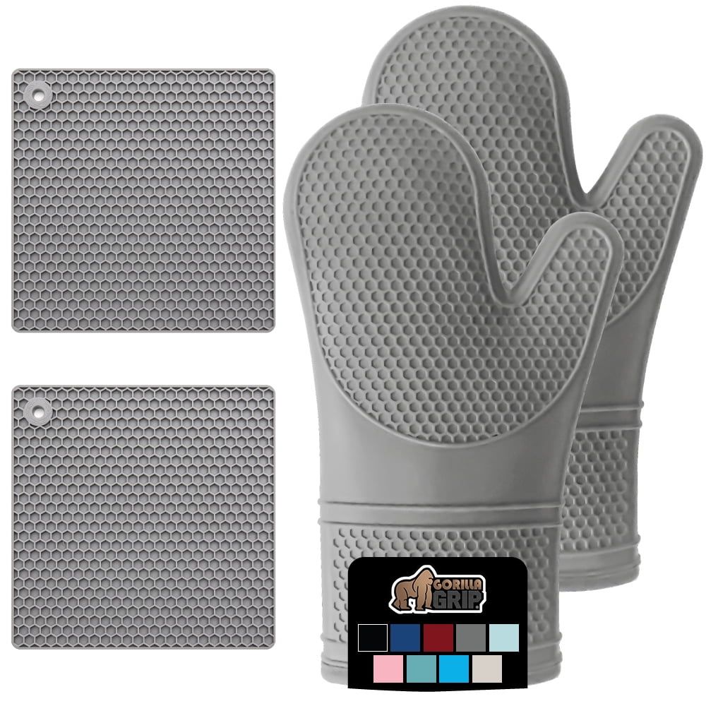 Gray Silicone Heat-Resistant Oven Mitts and Trivets Set