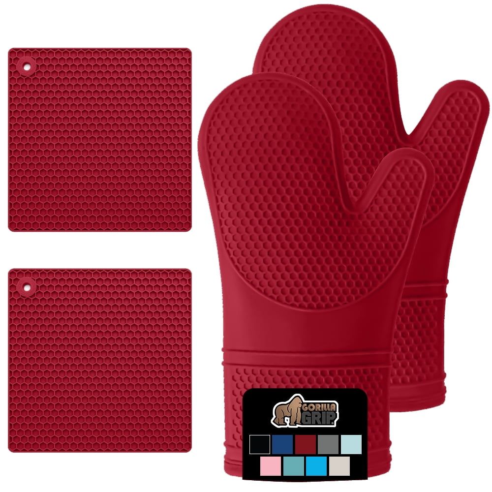 Red Silicone Heat-Resistant Oven Mitts and Trivets Set, 4 Pieces