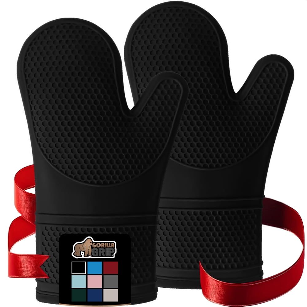 Black 12.5" Heat Resistant Silicone Oven Mitts with Cotton Lining