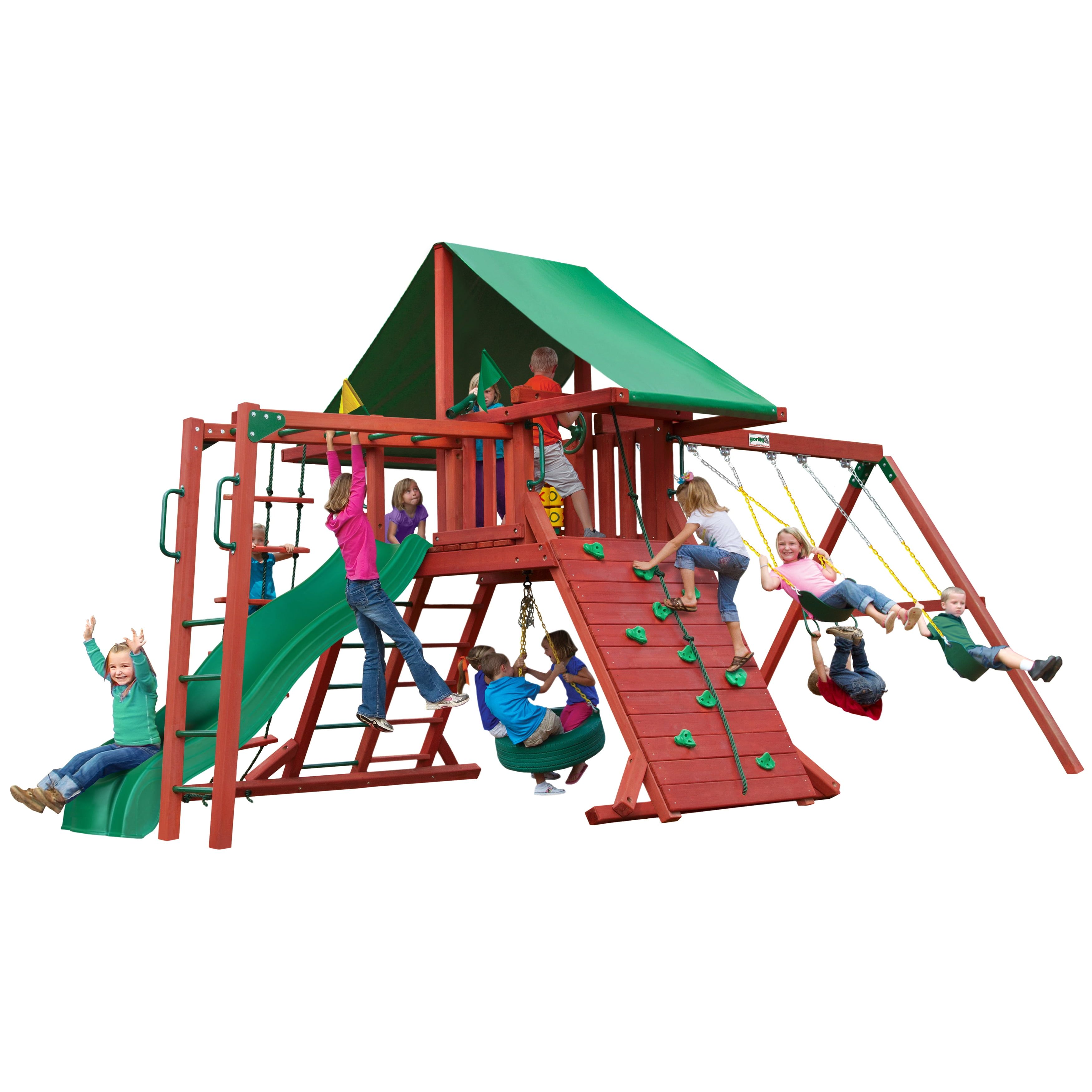 Redwood and Green Cedar Playground System with Slide and Swings