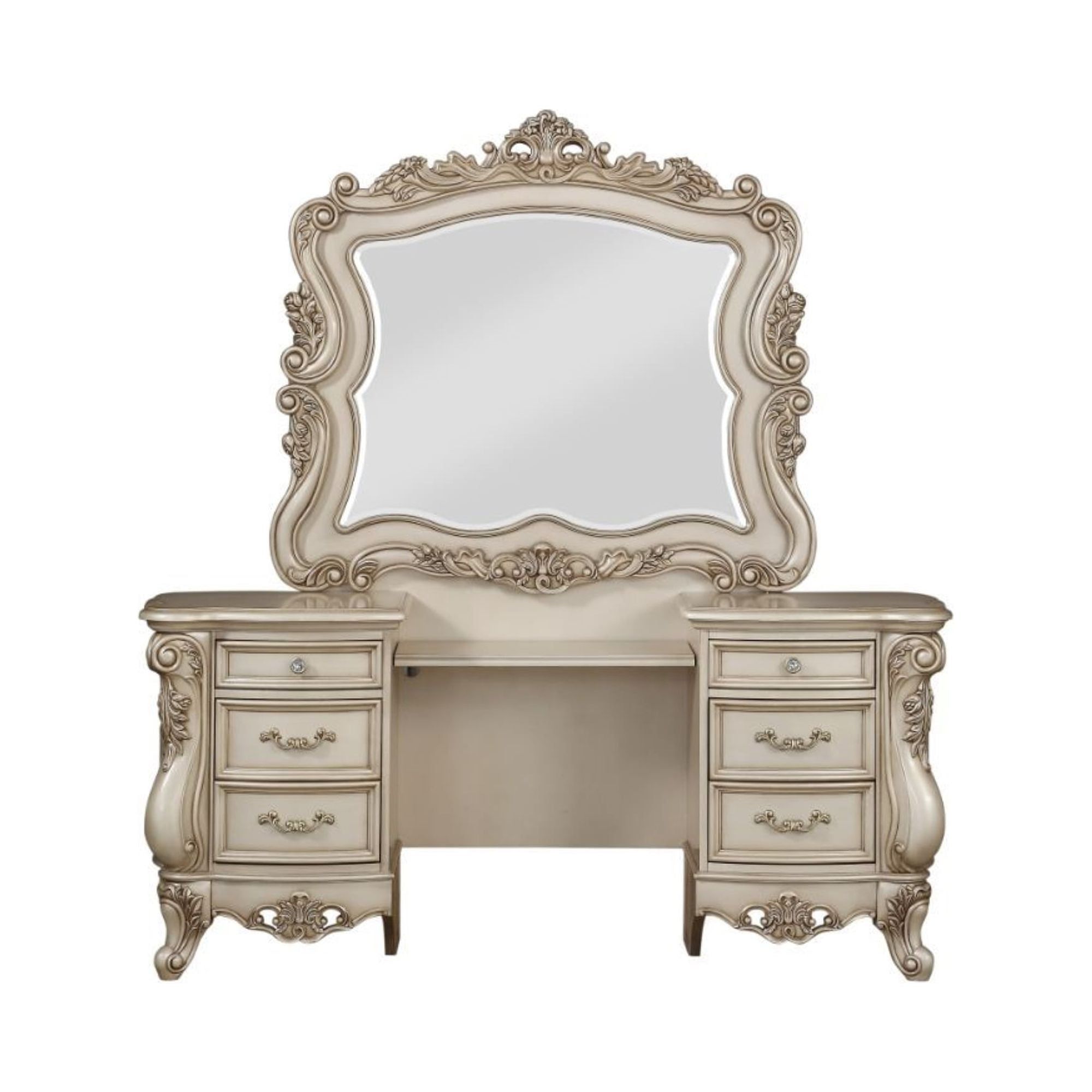 Golden Ivory 6-Drawer Wooden Vanity Desk with Mirror