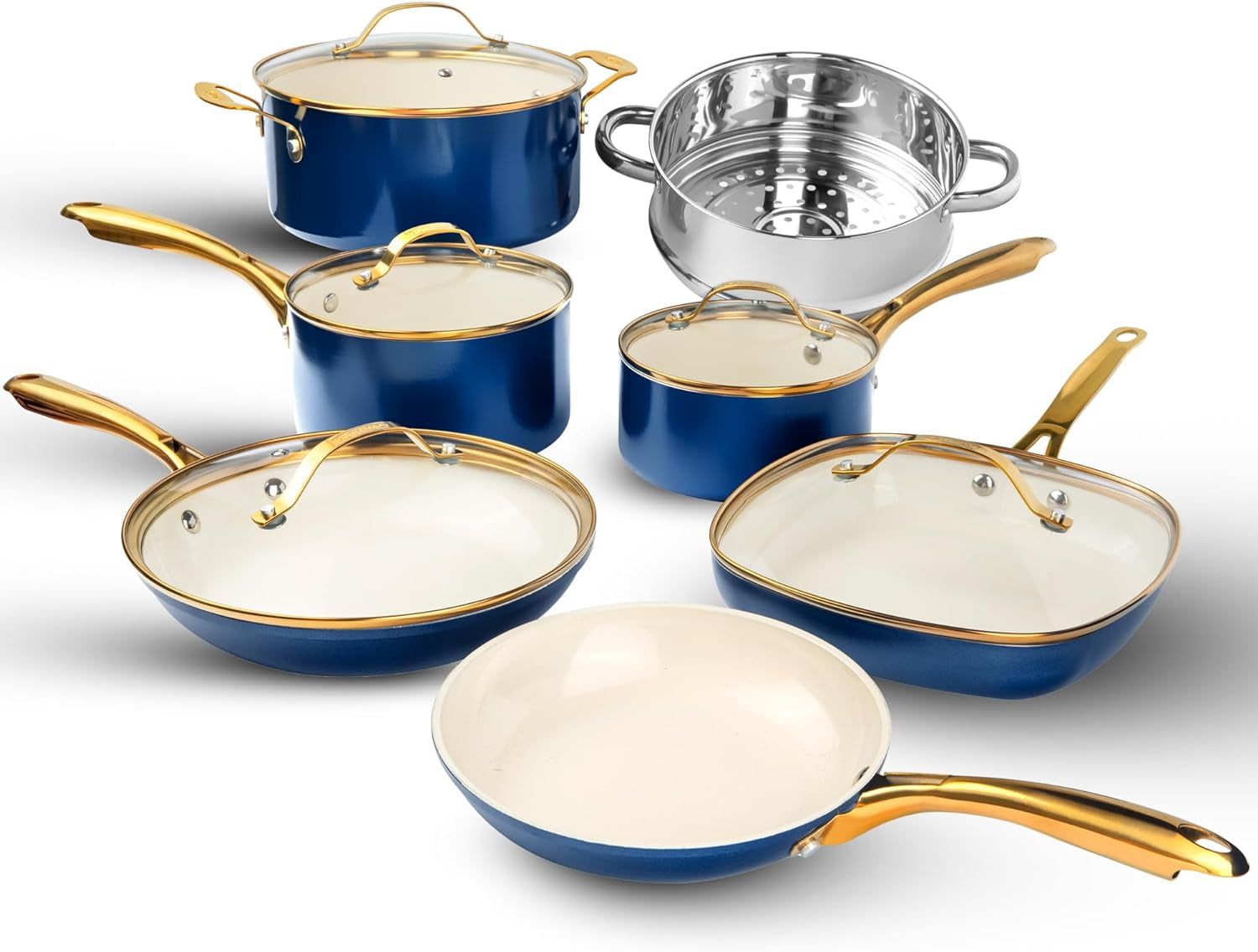 Navy and Cream 12-Piece Nonstick Stainless Steel Cookware Set