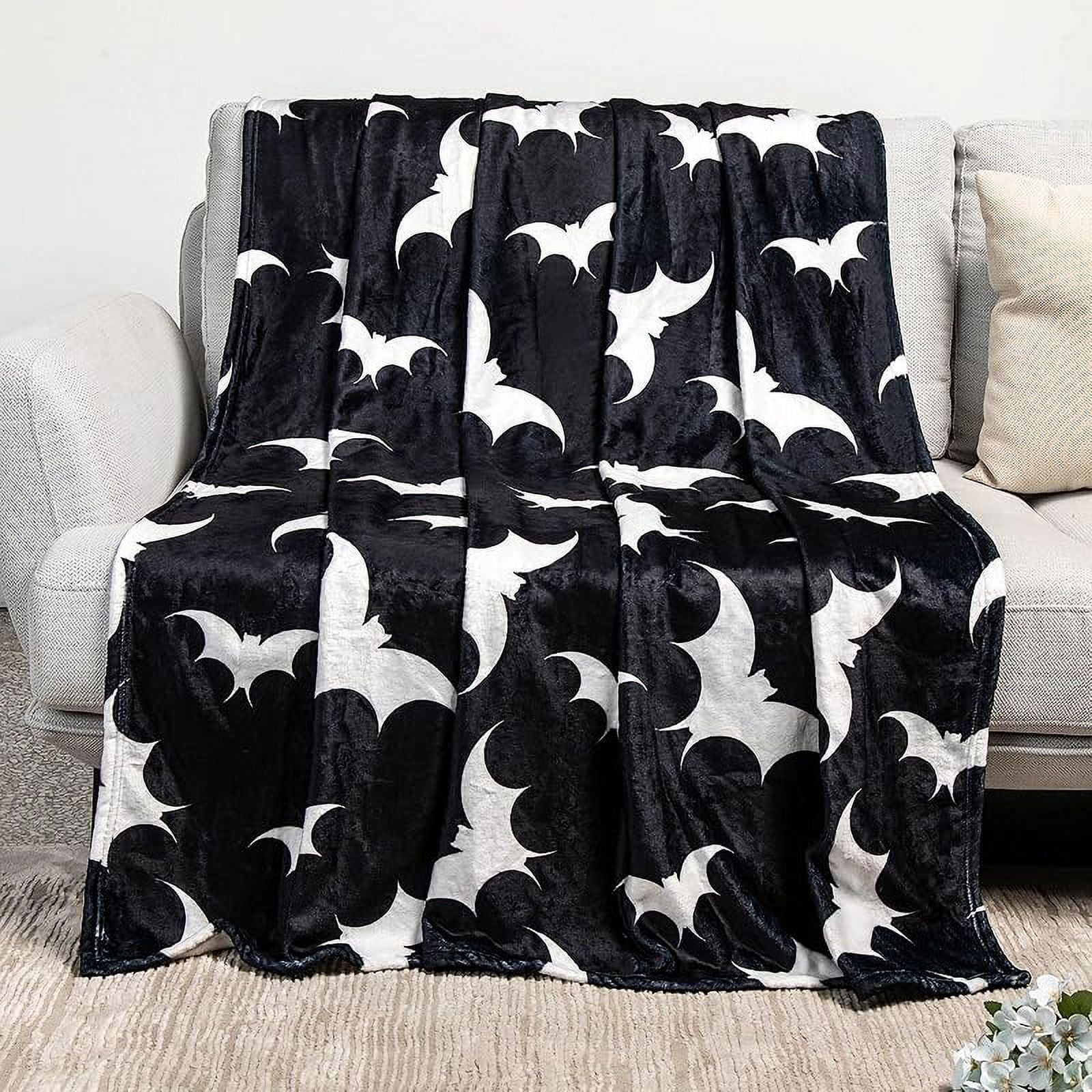 Gothic Black and White Bat Flannel Throw Blanket 60" x 50"